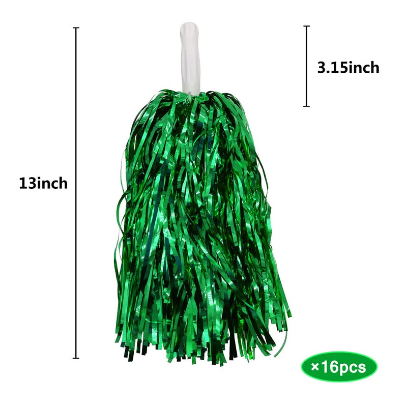 PPXMEEUDC 16PCS Cheerleading Pom Poms Metallic Foil Plastic Pom Poms with Baton Handle for Game Sports Squads Dancing Party Football Basketball Club Spirit Sports Stage Performance Celebration (Green) - Image 2